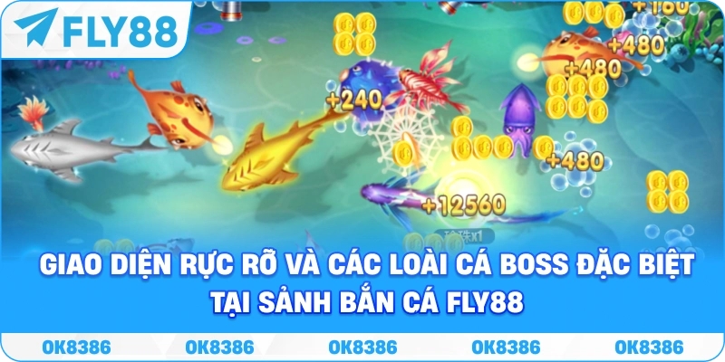Giao diện bắn cá FLY88 Giao diện bắn cá FLY88 với cá boss và hiệu ứng đại dương