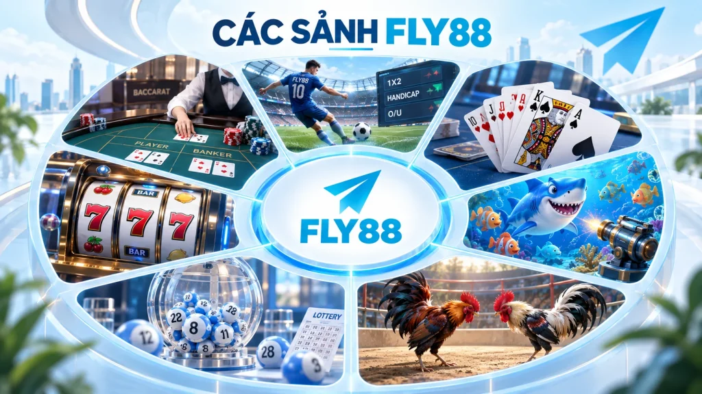 Các sảnh giải trí FLY88 gồm Casino, Thể thao, Game bài, Nổ hũ, Bắn cá, Xổ số và Đá gà
