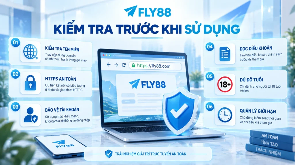 Các yếu tố cần kiểm tra trước khi sử dụng FLY88 gồm tên miền, HTTPS, tài khoản, điều khoản và độ tuổi